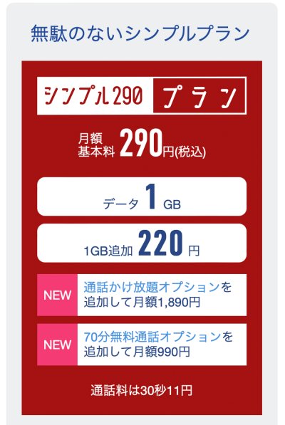 日本通信SIM合理的シンプル290プラン